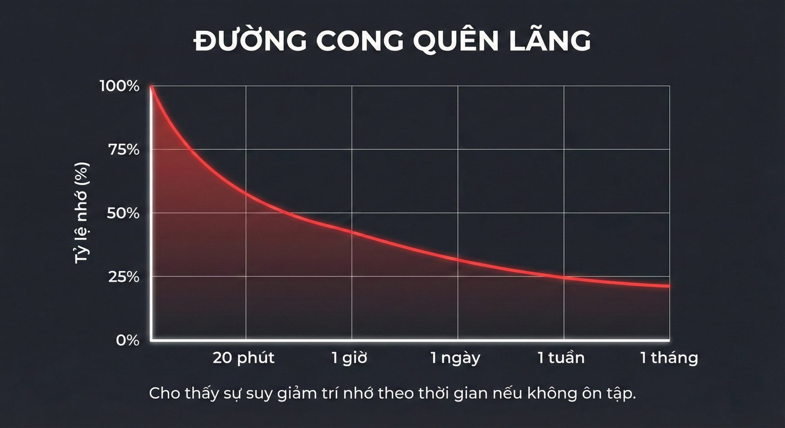Đường cong quên lãng Ebbinghaus cho thấy chúng ta quên 80% từ vựng tiếng Hàn sau 1 ngày nếu không ôn tập